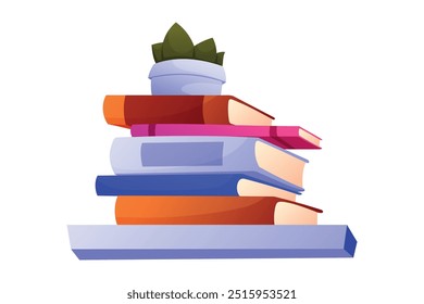 Stack of colorful books and plant in a pot. Vector isolated cartoon illustration, interior design element.