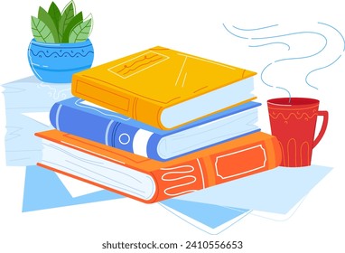 Stack of colorful books with plant and steaming coffee mug. Cozy reading nook and relaxation concept. Education and leisure vector illustration. svg