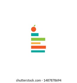 stack of colorful books and red apple on top. Geometric logo isolated on white blue background. Flat icon. Vector illustration. Knowledge logo. Education pictogram. Study and learn symbol