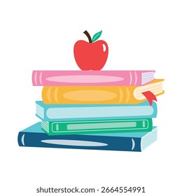 Stack of colorful books with a red apple on top. Bright vector illustration symbolizing education, reading, and learning. Perfect for school, academic, or back-to-school themed designs.