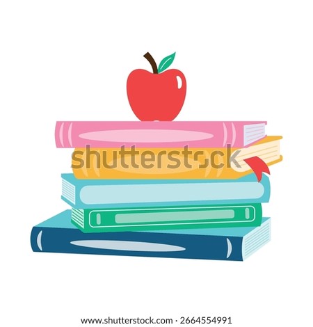 Stack of colorful books with a red apple on top. Bright vector illustration symbolizing education, reading, and learning. Perfect for school, academic, or back-to-school themed designs.