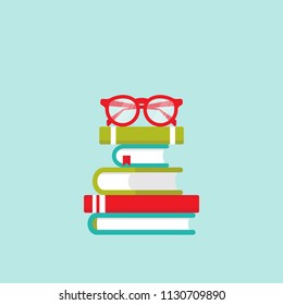 stack of colorful books with red glasses.  Isolated on powder blue background. Flat reading icon. Vector illustration. Education logo. Knowledge pictogram.