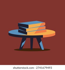 Stack of colorful books resting on a small round table with dark red background