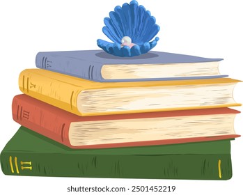 A stack of colorful books with a small seashell on top. In an open shell lies a white pearl. Vector illustration on the theme of the book and knowledge is our treasure and a precious white pearl is