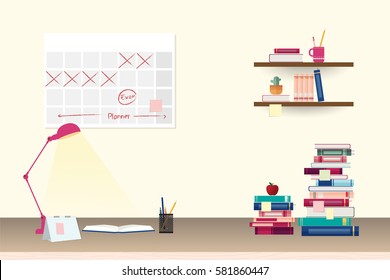 Stack of colorful books and stationery on table and shelves in study room