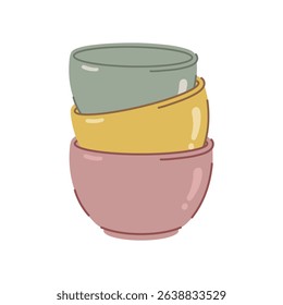 Stack of colorful bowls, vector icon. Glass, ceramic, porcelain dishes are displayed in a row. Deep plates for kitchen, cafe. Hand drawn sketch, flat clipart. Illustration isolated on white. For print