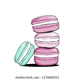 Stack of colorful cartoon macarons icon. Macaroon almond cakes isolated. Macaron biscuits dessert. Vector illustration in dot style, retro vintage dots graphic art.