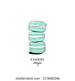 Stack of colorful cartoon macarons icon. Macaroon almond cakes isolated. Macaron biscuits dessert. Vector illustration in dot style, retro vintage dots graphic art.