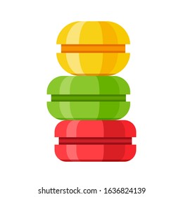 Stack of colorful cartoon macarons icon. Red, green and orange macaron isolated on white. Vector illustration in flat style.