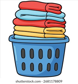 Pilha de toalhas coloridas dobradas em uma cesta de roupa azul

