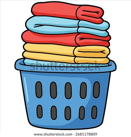 Stack of colorful folded towels in a blue laundry basket

