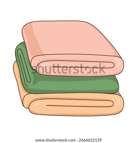 Stack of colorful folded towels. Home textile. Personal hygiene items. Bath towels. Cartoon style. Vector illustration.