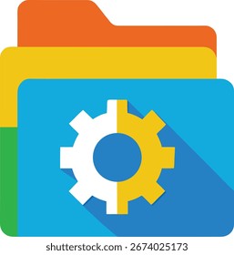 Una pila de carpetas coloridas, con un icono de engranaje prominente, simboliza la gestión eficaz de archivos, la organización y los aspectos operativos del manejo de datos.