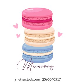 Stack of colorful French macarons for dessert menu with decorative hearts and lettering isolated on white background.