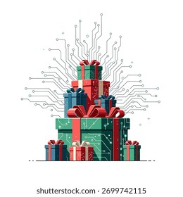 A stack of colorful gift boxes adorned with red ribbons, resembling a Christmas tree, with a circuit board pattern and digital lines emanating upwards.