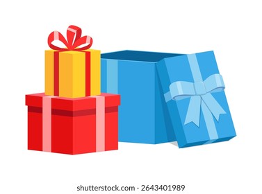 Stack of colorful gift boxes with ribbons and open blue gift box illustration