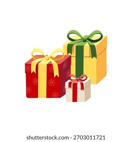 Pilha de caixas de presente coloridas com fitas Vetor, Presentes de Natal ou Aniversário