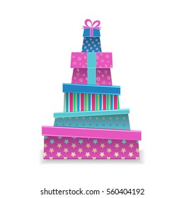 Stack of colorful gifts box with ribbons and bows. Lots of presents. Isolated vector illustration on white background.