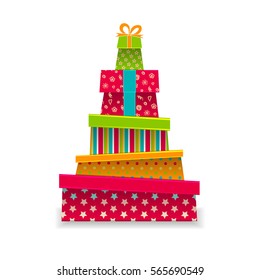 Stack Of Colorful Gifts Box With Ribbons And Bows. Lots Of Presents. Isolated Vector Illustration On White Background.