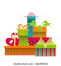 Stack of colorful gifts box with ribbons and bows. Lots of presents. Isolated vector illustration on white background.