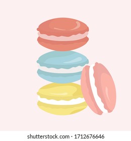 Stack of colorful macaron, macaroon almond cakes, sketch flat style vector illustration isolated 
