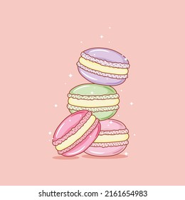 Stack of colorful macaron, macaroon almond cakes, sketch style vector illustration . Stack, pile of colorful almond macaron, macaroon biscuits, sweet and beautiful dessert