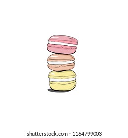 Stack of colorful macaron, macaroon cakes, sketch style vector illustration isolated on white background. Stack, pile of colorful almond macaron, macaroon biscuits, sweet and beautiful dessert