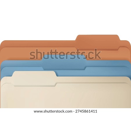 Stack of colorful office folders template in a 3D vector style. Paper cases archives mockup featuring a close-up view of organized document files. Ideal for business SMM, digital marketing