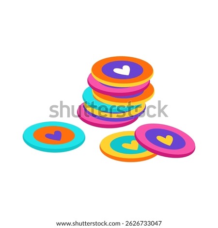 Stack of colorful pogs with a few lying nearby.Milk caps (game). Retro 90s game in flat cartoon style. Nostalgic childhood toy perfect for playful and vintage-themed illustrations.