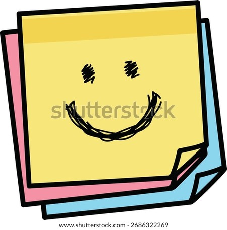 A stack of colorful sticky notes, with the top one featuring a simple, cheerful smiley face drawn in black marker.