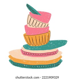 A stack of colorful stylish plates are drawn in chalk. Vector image of a crockery slide