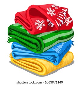 Stack of colorful towels isolated on a white background. Vector cartoon close-up illustration.