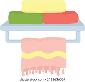 Stack of colorful towels on a metal shelf, pink towel with fringe hanging below. Home organization, bathroom accessories vector illustration.