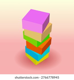 Stack of colorful toy boxes arranged haphazardly creating a playful block structure