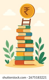 Pila de libros coloridos que conducen a una moneda de rupia en la parte superior, que representa la educación como un camino hacia el logro financiero
