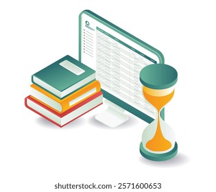 Stack of computer data books with hourglass