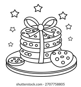 Pila de cookies Ilustración vectorial de contorno. Torre de galletas de Festiva o cumpleaños atada con un lazo de cinta, estilo de página para colorear.