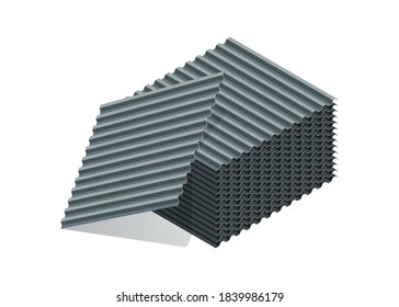 
Stack of corrugated roofing sheets isolated on white background. Galvanized iron sheets isometric vector icon. Gray wavy slate. Metal roof, metal siding, profiled sheeting for covering or fencing.