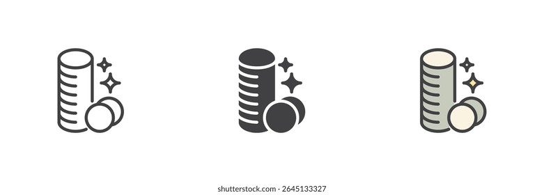 Stack of cotton pads icon in line, solid and filled outline styles. Hygiene symbol for facial cleansing and skincare. Vector personal care sign icon pack.