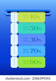 Stack of coupons are being printed from a slot with coupon code, percent price off, isolated on background. Printed gift vouchers banner template in 3d vector illustration