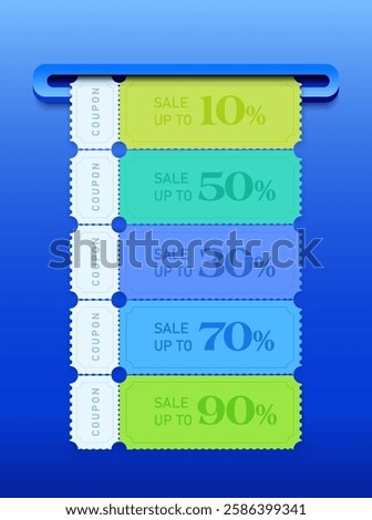 Stack of coupons are being printed from a slot with coupon code, percent price off, isolated on background. Printed gift vouchers banner template in 3d vector illustration