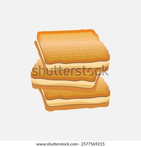 Stack of Crunchy Biscuits with Layered Filling and Textured Top Surface. Illustration of three stacked biscuits featuring a grid pattern on top and layered filling, portraying delicious baked snacks 