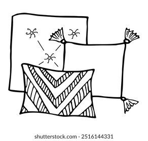 Stack of cushion. Doodle home bedroom pillows. Cozy hand drawn bedding lay in stack. Interior comfortable elements. Vector textile sleeping accessories. Isolated on white background.