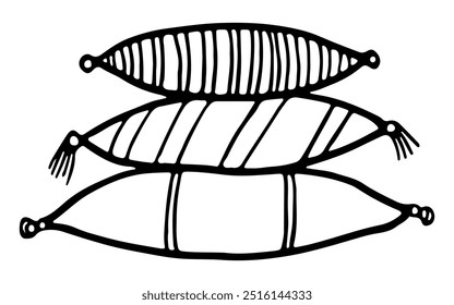 Pilha de almofada. Desenhar travesseiros do quarto de casa. Aconchegante mão desenhada cama deitado em pilha. Elementos confortáveis interiores. Acessórios para dormir têxteis vetoriais. Isolado no fundo branco.