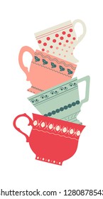 A stack of cute colorful cups with patterns. A pyramid of mugs on a white background. Flat design. Vector illustration.