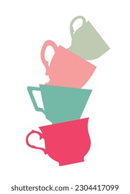 A stack of cute colorful cups. A pyramid of mugs on a white background. Flat design. Vector illustration.