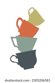 stack of cute colorful cups. A pyramid of mugs on a white background. Flat design. Vector illustration.