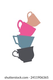 stack of cute colorful cups. A pyramid of mugs on a white background. Flat design. Vector illustration.