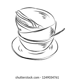 A stack of cute colorful dishes. Plates, cups and mugs.Sketch. Vector image isolated on white background.