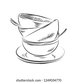 A stack of cute colorful dishes. Plates, cups and mugs.Sketch. Vector image isolated on white background.